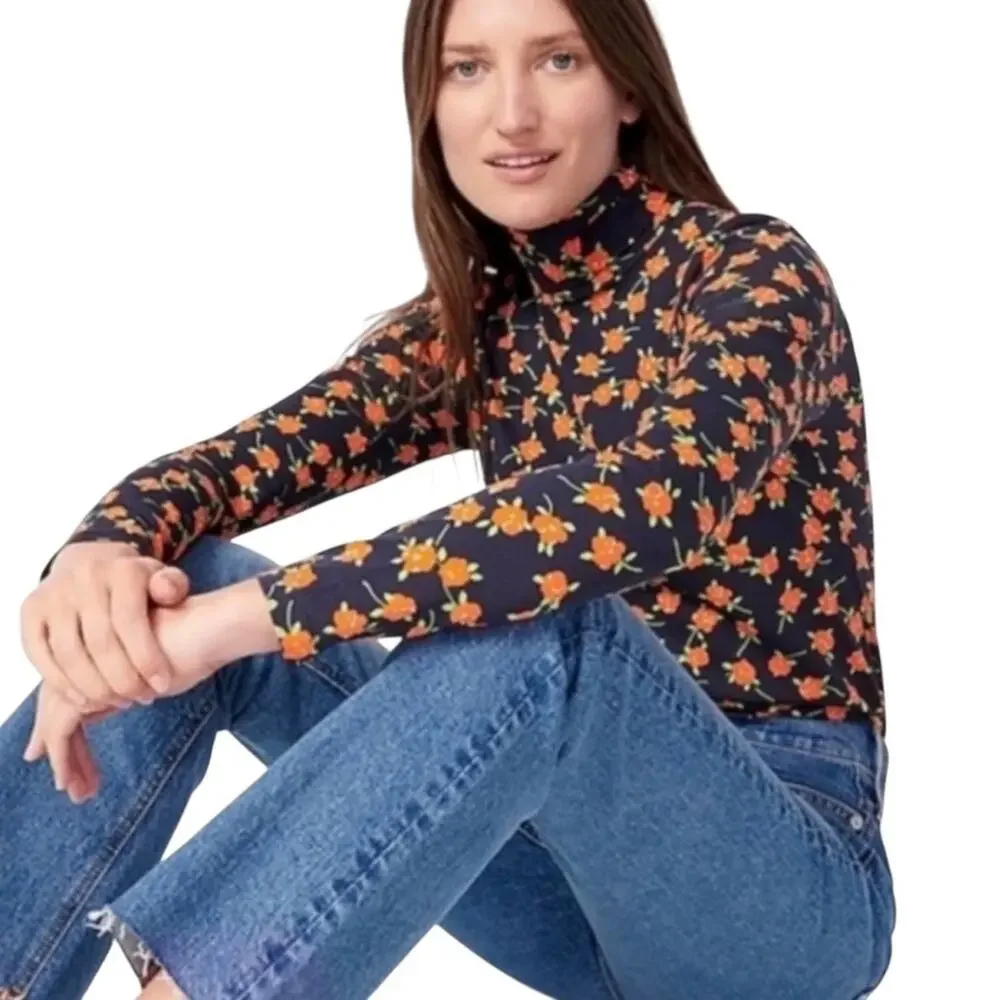 NWOT J. Crew Tissue Navy and Orange Floral Long Sleeve Turtleneck SMALL